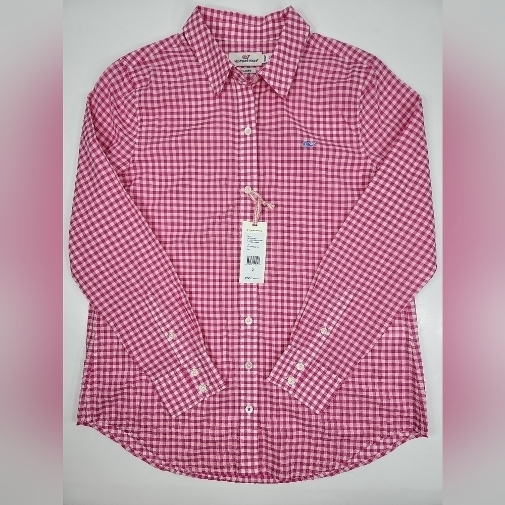NEW Vineyard Vines Women’s 2 Little Gingham White Pink Button Down Relaxed NWT